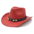 Red western straw cowboy hat with ethnic style leather band and decorative metal studs - M (56-58cm) / Red