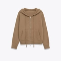Women's camel knit drawstring hoodie sweater with full zipper closure and front pockets - S / Khaki