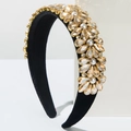Detail of baroque headband with champagne crystals and white pearls on black velvet - Brown