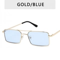 Details van een retro rechthoekige zonnebril met goudkleurig montuur en lichtblauwe glazen - Gouden Frame Blauwe Lenzen
