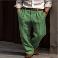 Men's grass green linen straight trousers with a comfortable loose fit and breathable fabric - Olive Green