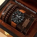Men's quartz watch with black dial, brown leather strap, and three matching bracelets set - Set 5 (No Box)