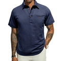 Navy blue men's short sleeve cotton linen shirt with chest pocket and button lapel - Sapphire Blue