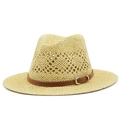 Unisex straw fedora hat with breathable hollow weave and brown leather decorative band - M (56-58cm) / Beige