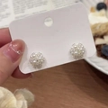 Detail of elegant pearl cluster stud earrings on a display card with silver base - Silver & White (Silver Earring Post)