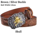Detail of 3.8cm brown leather belt featuring embossed textures and a silver skull buckle - Brown Silver Buckle (Skull)