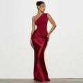 Detail of elegant dark red satin maxi dress showing pleated draping and one shoulder design - S / Red