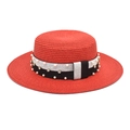 Detail of red boater straw hat featuring a sparkling band with pearls and rhinestones - Red