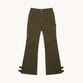Detailed view of cargo flare pants with metal rivets and adjustable double straps - S / Army Green
