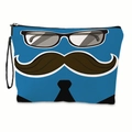 Blue linen Independence Day makeup bag with glasses and mustache cartoon print - With Carrying Rope / Blue Gentleman Style