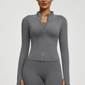 Slim fit dark grey yoga jacket for women with thumbholes and zip-up collar details - S / Sea Rock Grey