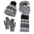 Set invernale 3 pezzi grigio con cappello a maglia geometrico, sciarpa e guanti touch screen - Stile Jacquard Geometrico Grigio / Grigio