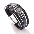 Brown and black multi-layer braided leather bracelet with Viking compass metal charm - 19cm / Brown