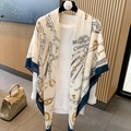 Beige cotton linen shawl featuring navy blue trim and vintage golden horse print - 130*130cm / Beige Navy Border (MZF-088)