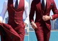 Slim fit burgundy three-piece suit for men featuring a textured blazer, vest, and trousers - Burgundy