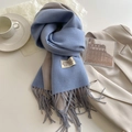 Blue and beige double-sided cashmere-style scarf with tassel trim and woven label - 200x68cm / Water Blue Grey