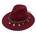 Burgundy wide brim felt fedora hat with ethnic woven band and silver coin accessories - Burgundy