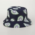 Navy blue cotton bucket hat with fresh avocado print shown in a flat lay view - M (56-58cm) / Black