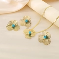 Detail van een vintage gouden sieradenset met blauwe kralen en strakke kettingschakels - Gelaagde Holle Bloemblad Hemelsblauwe Kralen Stijl (KS220665-LX)