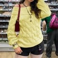 Women's yellow off-shoulder cable knit sweater with long sleeves in elegant ribbed style - S / Yellow