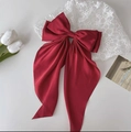 Elegant large red satin bow hair clip with silky texture and long streamers for women - Wine Red Solid Long Streamer