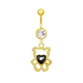 Gold-tone belly ring with hollow bear pendant and black heart-shaped crystal detail - Gold Bear (Black Heart)