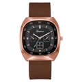 Brown silicone strap watch with square rose gold case and black three-dial chronograph face - Coffee