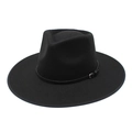 Classic black wide brim wool felt jazz fedora hat with vintage metal buckle leather band - M (56-58cm) / Black