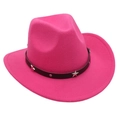 Detailed view of the hot pink felt cowboy hat with black star-studded band and silver accents - Rose Red (Star Band)