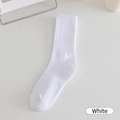 Classic white ribbed cotton crew socks for women with stylish vertical stripes - White