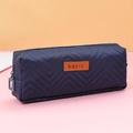 Navy blue rectangular pencil case with V-shaped quilted pattern and leather basic label - Chevron Quilted / Quilted Navy
