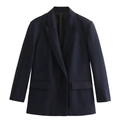 Detailed view of dark blue single-breasted blazer with notch lapels and flap pockets - Navy Blue