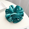 Peacock blue velvet flower scrunchie with center pearl embellishment for women - Q686-14 Teal Velvet Rose Pearl