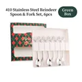 6-piece stainless steel Christmas cutlery set with elk tops in a green gift box - 410 Stainless Steel Elk Spoon Fork 6PCS Set (Green Box) / Silver