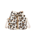 Plush faux fur bucket bag with leopard print, metal chain drawstring and pearl charm - Beige
