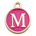 Golden round enamel charm with pink background and white letter M for DIY jewelry - 1 Piece (12x14mm) / Rose Red - Letter M