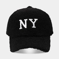 Black fuzzy teddy fleece NY baseball cap with white 3D embroidery and curved brim - Adjustable / NY Black
