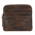 Dark brown crazy horse leather coin purse with three card slots and zipper closure - Oil Leather Coffee