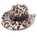 Leopard print faux fur cowboy hat with metal longhorn and studded leather band - M (56-58cm) / Flat Top Beige