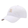 White soft top baseball cap with beige embroidered letter R and curved visor - Adult Adjustable / White