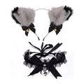 Cat ear headband and lace choker set with black ribbons and golden bells in grey - Grey/Black Cat Ears + Black Lace Choker