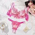 Close-up of pink floral embroidery on sheer mesh lingerie set with pearl accessories - S / Pink
