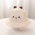 Detail of baby sun hat with cute cartoon animal embroidery and 3D ears on cream fabric - Bucket Hat / Beige Dog