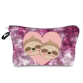 Detail view of cartoon sloth makeup bag with zipper closure and black side handle strap - Heart Double Sloths Style (hzb954)