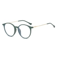 Retro round glasses with dark green frame and slim gold metal temples on white background - Sand Green Gold (Clear)