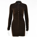 Detail view of brown long sleeve buttoned dress with ruched texture on mannequin - S / Brown