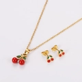 Golden stainless steel jewelry set with red cherry necklace and matching stud earrings - Small