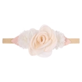 Detail of cream mesh rose and pink leaf ornaments on a soft nude nylon baby headband - Style 15(15)
