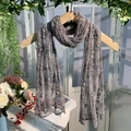 Forest style gray lace scarf with elegant floral embroidery hanging on a wooden hanger - 3028 Beaded Embroidery Style / Dark Gray