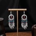 Bohemian feather tassel earrings with blue beads and red stones on silver hangers - E2510-2 Multicolor Feather Beaded